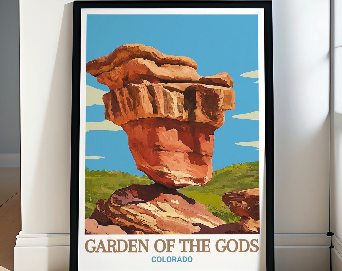 Gardens Of The Gods Art Print Balanced Rock Travel Poster Gardens Of The Gods Decor Balanced Rock Print Gardens Of The Gods Gift