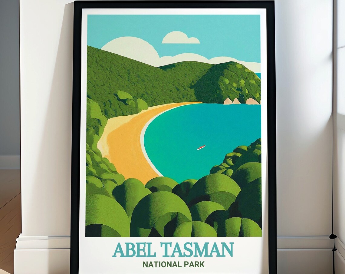Abel Tasman Curved Beach Turquoise Bay New Zealand Travel Poster