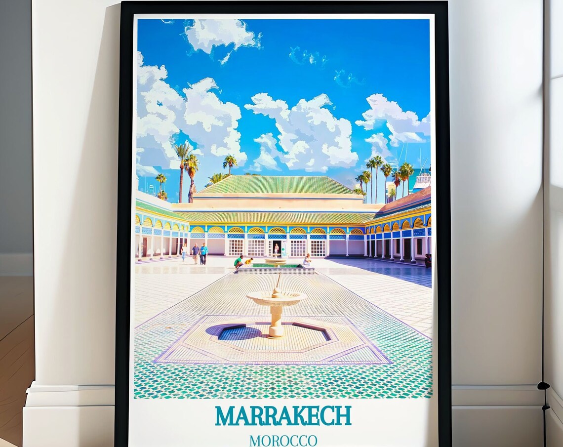 Marrakech Bahia Palace Courtyard Fountain Mosaic Tiles Travel Poster