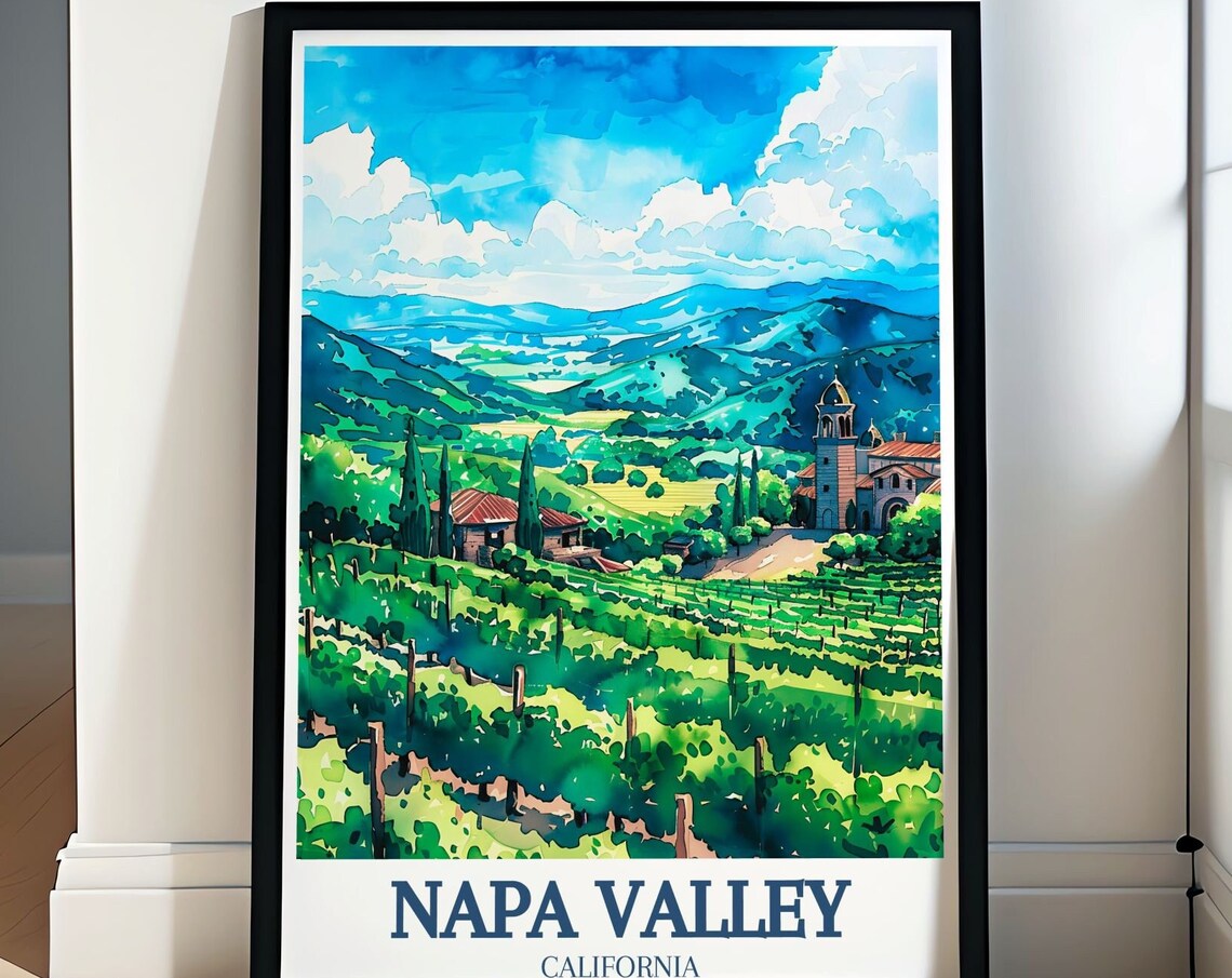 Napa Valley California Poster With Green Vineyards In Watercolor Style