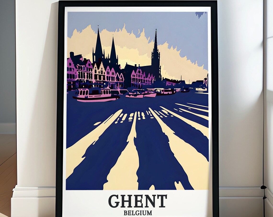 Ghent Belgium Graslei Harbor Boats Spires Evening Pop Art Poster