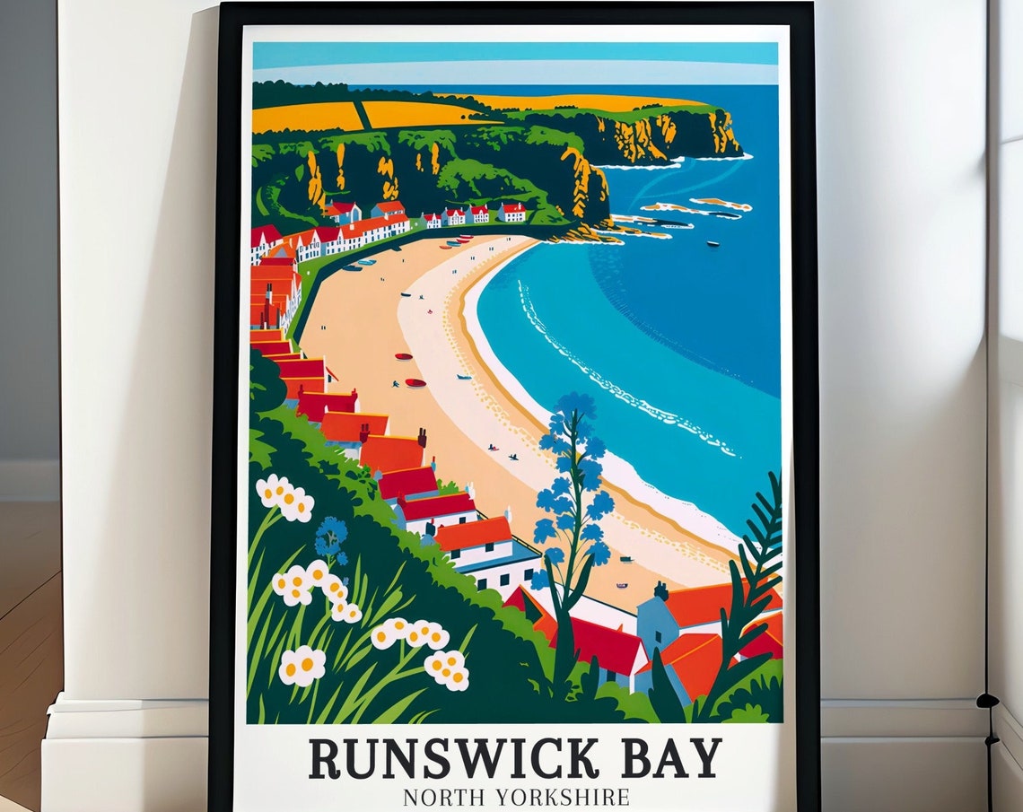 Runswick Bay Crescent Beach Red Roof Cottages Shore View Poster