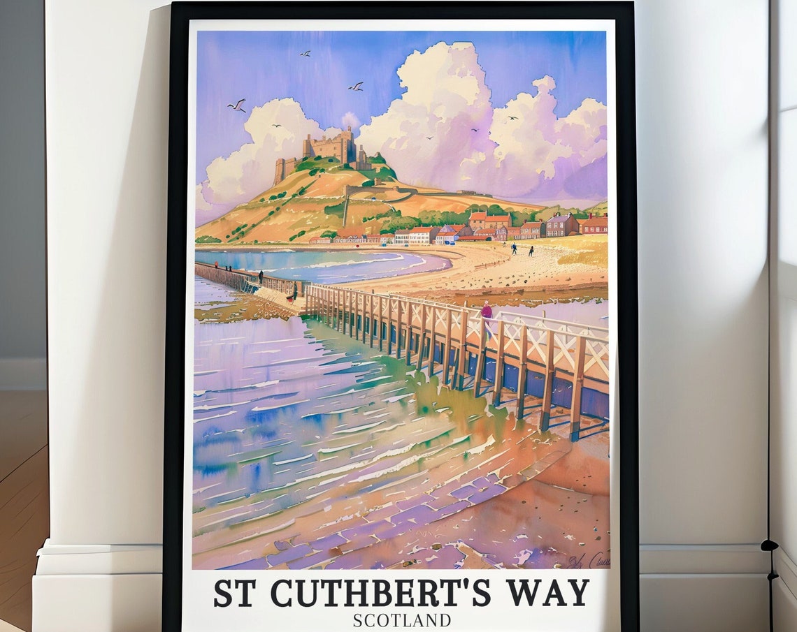 St Cuthbert's Way Lindisfarne Castle Causeway Watercolor Poster