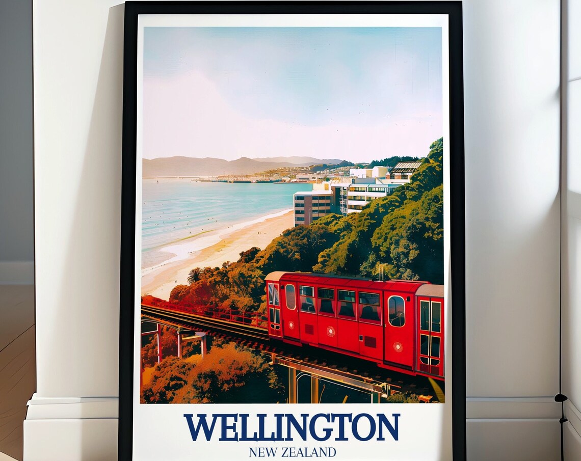 Wellington Oriental Bay Beach With Iconic Red Cable Car Travel Poster