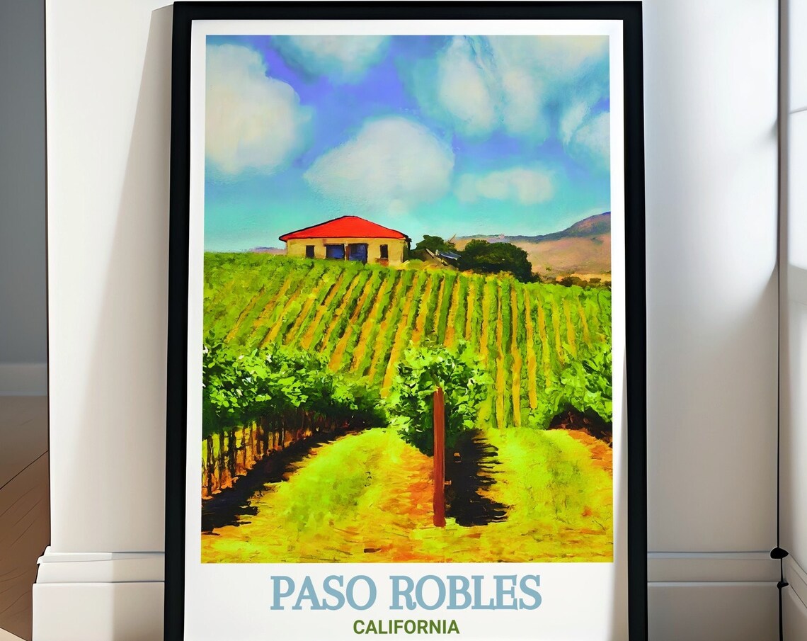 Paso Robles California Vineyard Hills and Red Barn Farm Art Poster