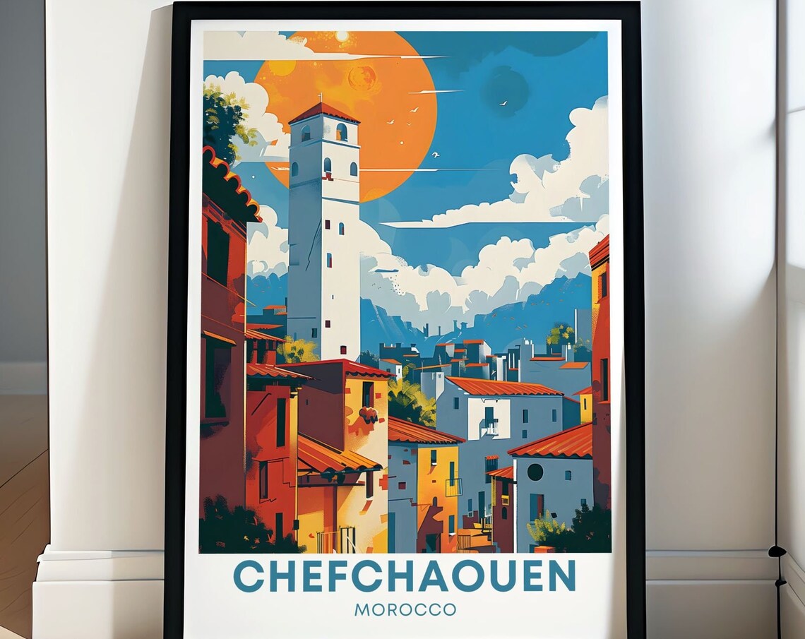 Chefchaouen Morocco Bell Tower Sun Old Town Streets Travel Poster