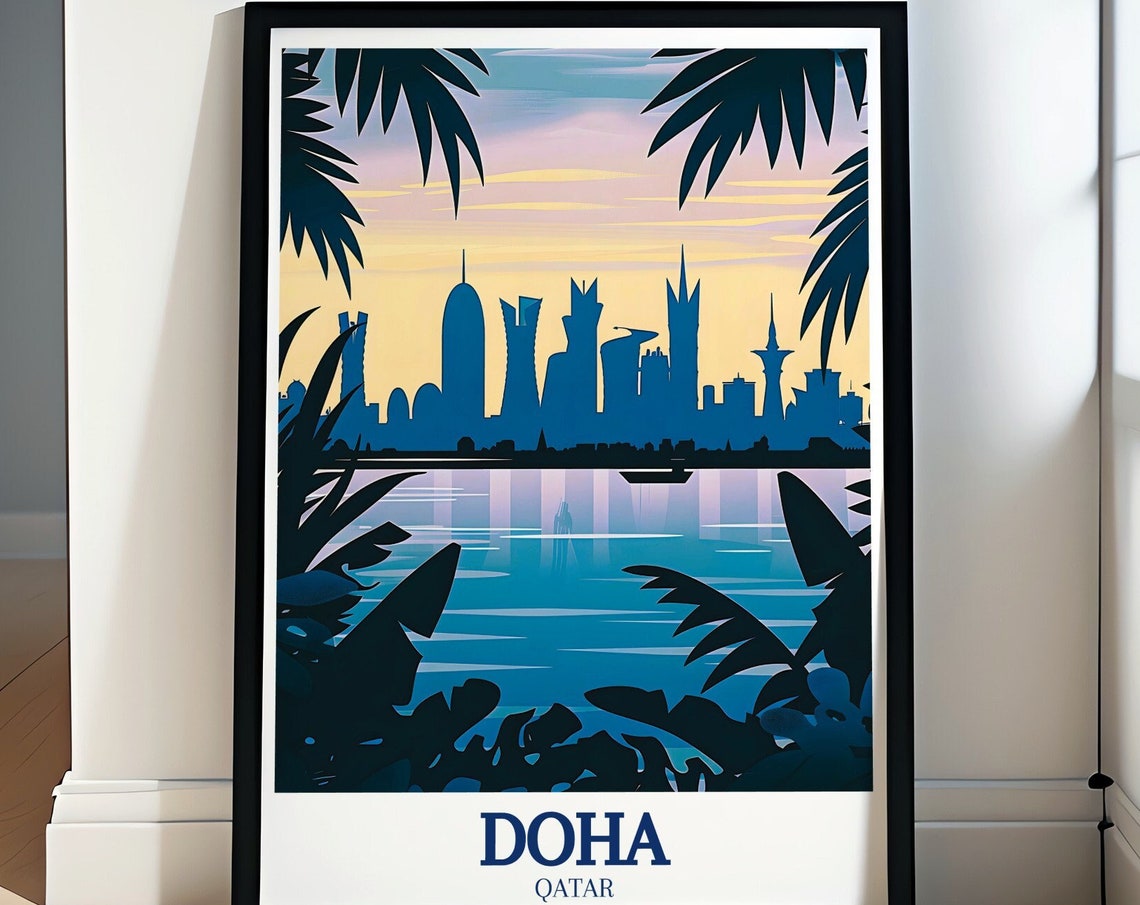 Doha Qatar Skyline at Dusk Framed by Tropical Palm Fronds Poster