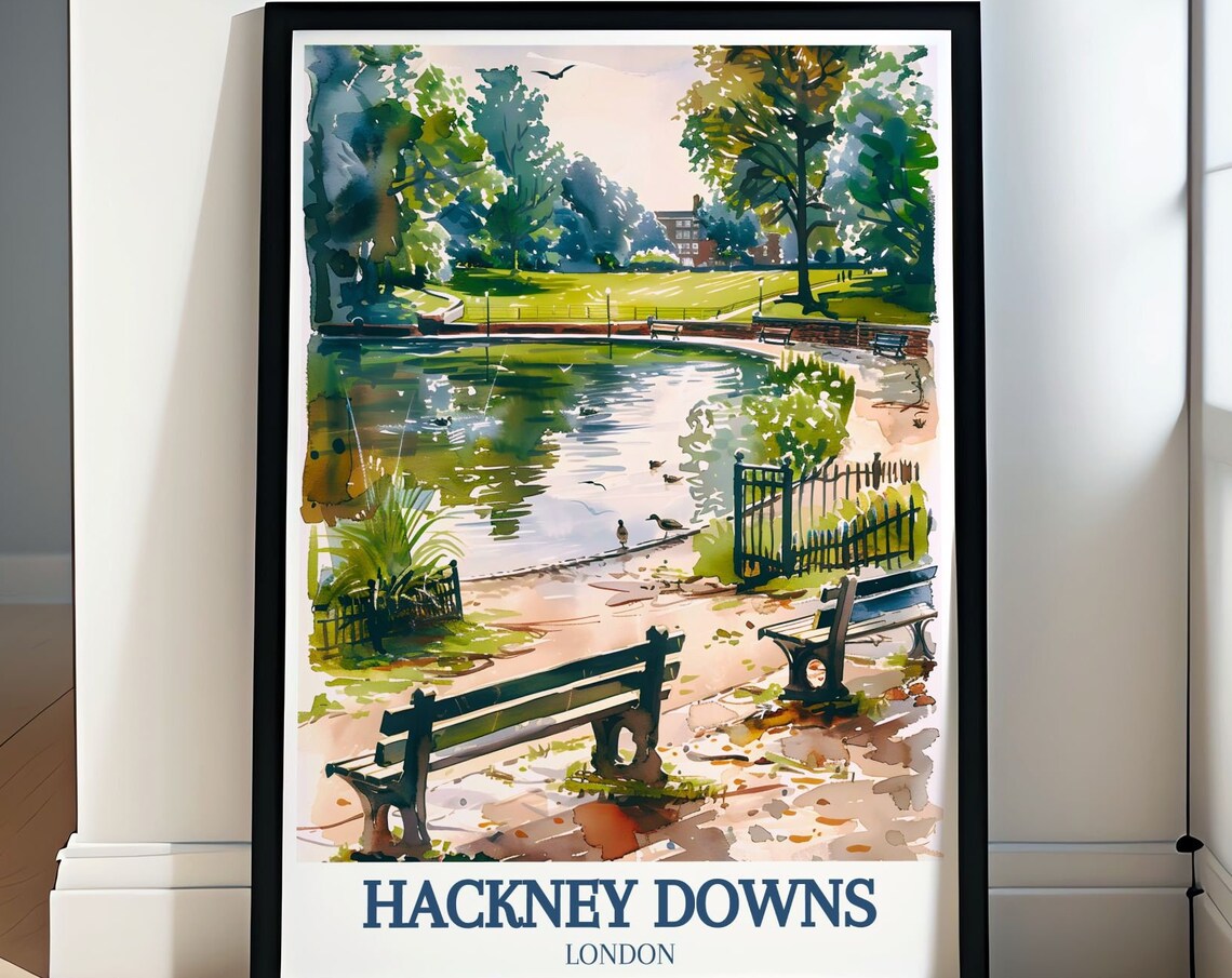 Hackney Downs London Duck Pond Benches Watercolor Scene Poster