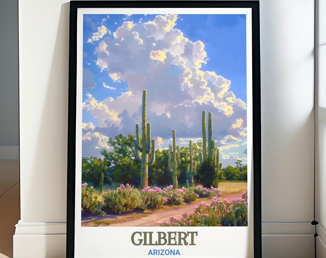 Gilbert Arizona Blooming Saguaro Cactus Desert Sunset Travel Poster