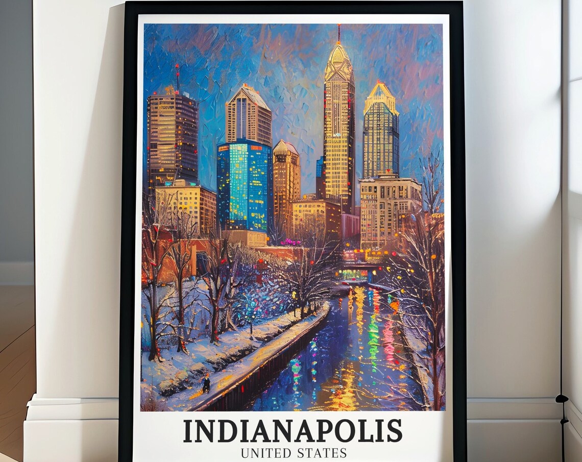 Indianapolis Canal Walk Winter Skyline Snow Impressionist Poster