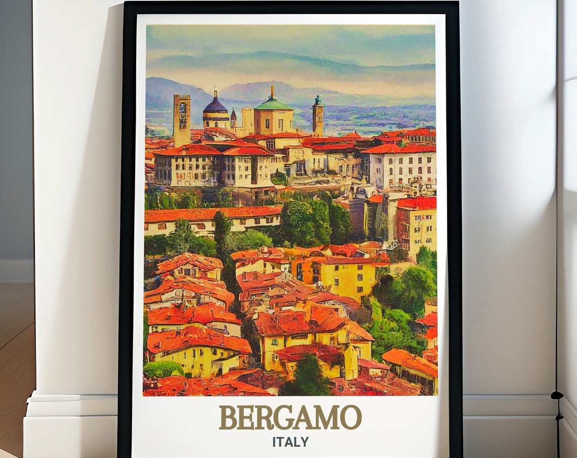 Bergamo Citta Alta Red Rooftops Panorama Italy Travel Poster
