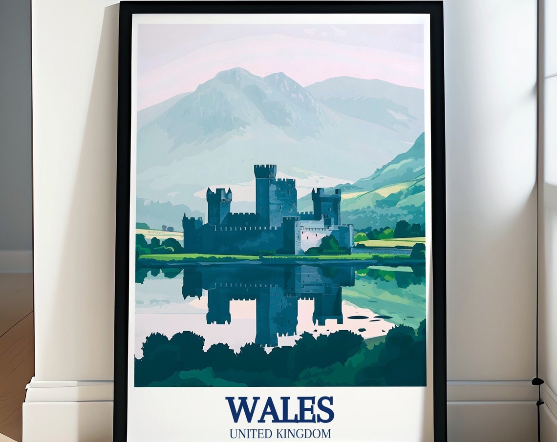 Wales Caernarfon Castle Menai Strait Reflection Travel Poster
