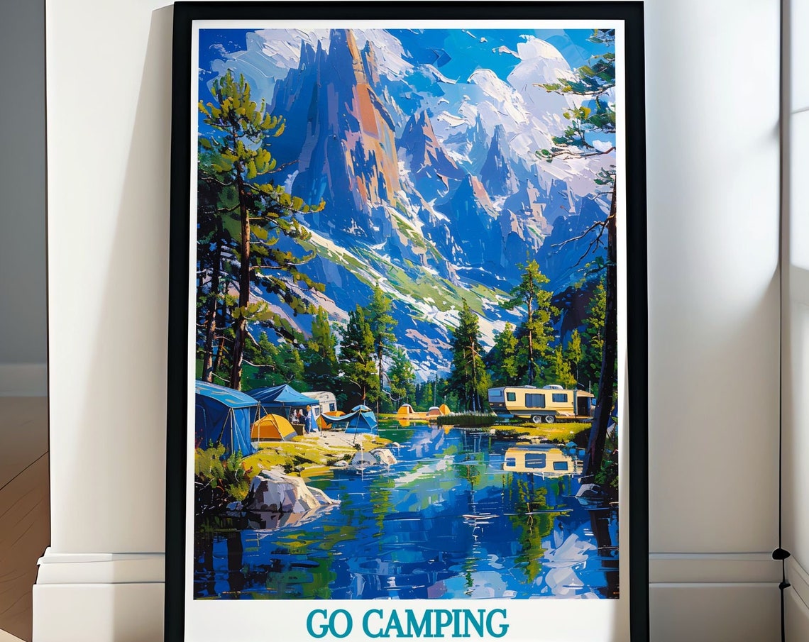 Go Camping Mountain Valley Poster Camper Van Alpine Lake Scene