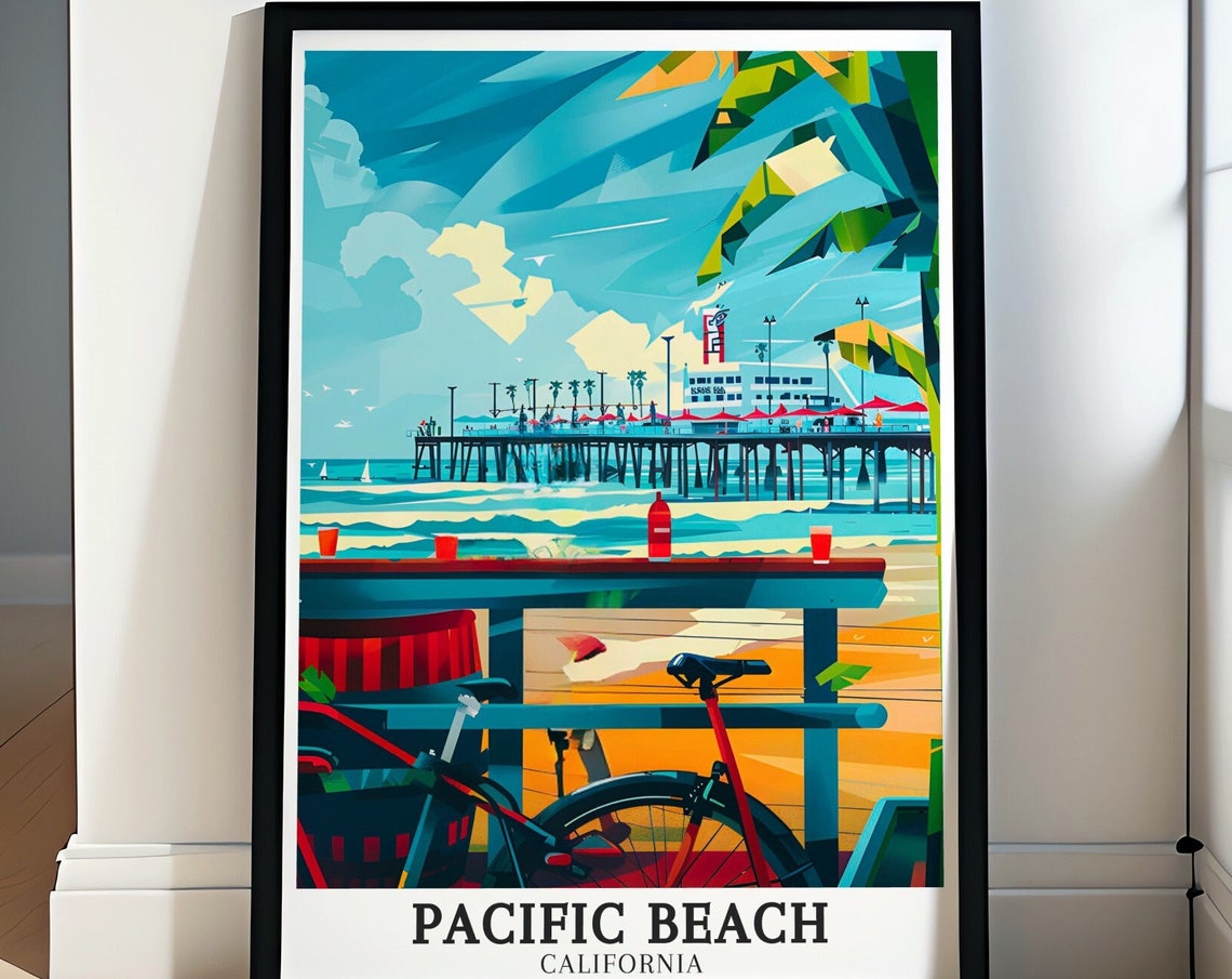 Pacific Beach California Pier Bicycles Geometric Coastal Poster