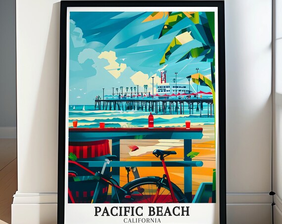 Pacific Beach California Pier Bicycles Geometric Coastal Poster