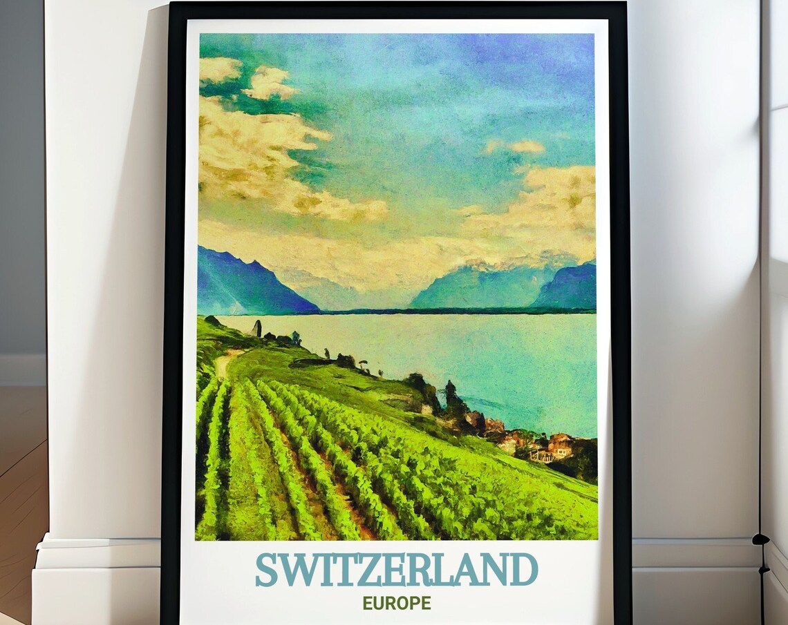 Switzerland Lake Geneva Sunlit Lakeside Vineyard Hills Poster