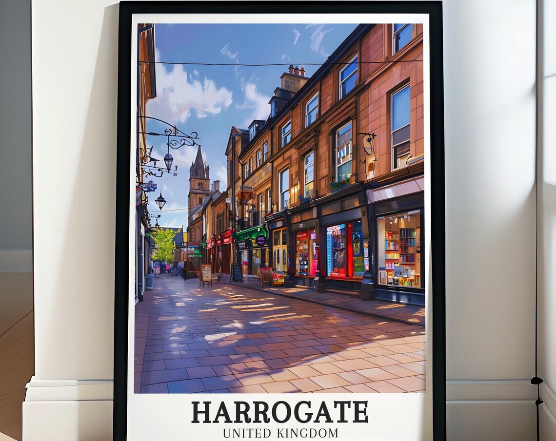 Harrogate United Kingdom Charming Sunlit Shopping Street Poster