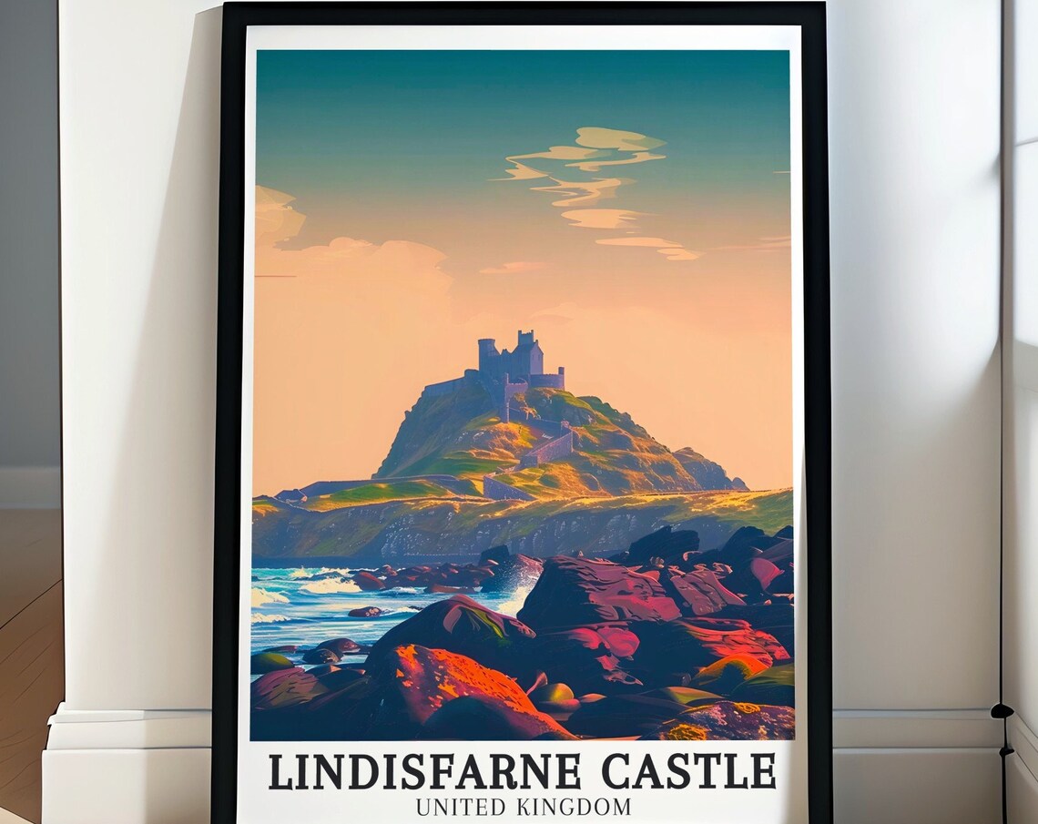 Lindisfarne Castle United Kingdom Sunset Rocky Shore Heritage Poster
