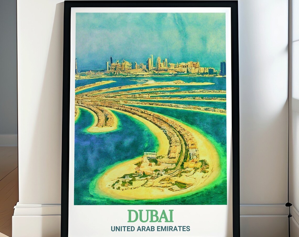 Dubai Palm Jumeirah Aerial Island City Skyline UAE Travel Poster