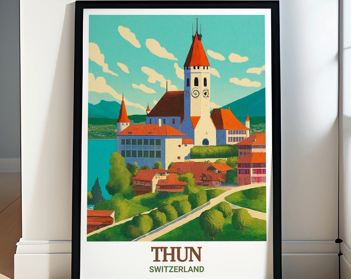 Thun Castle Red Rooftops Above Lakeside Old Town View Poster