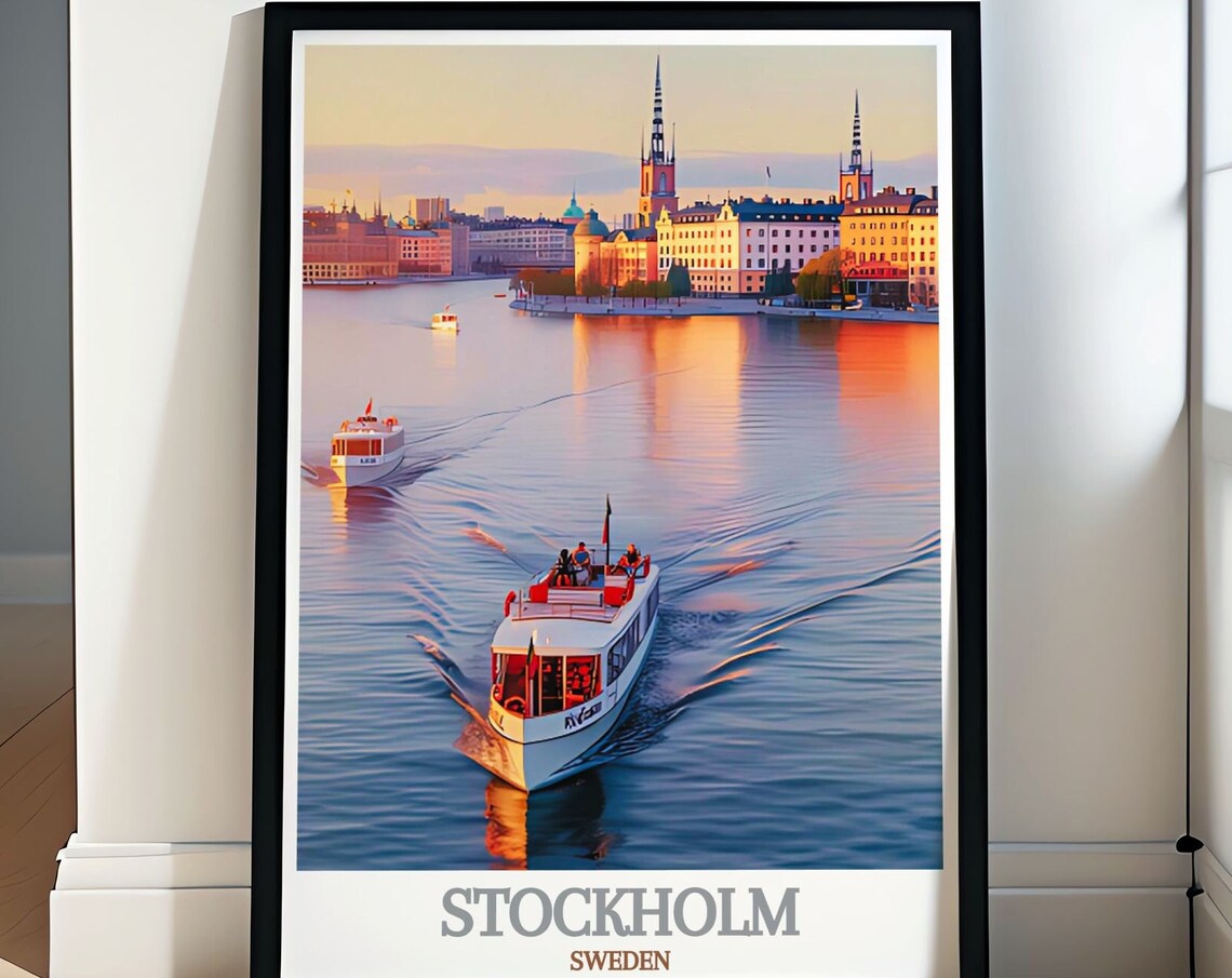 Stockholm Sweden Old Town Harbor Golden Sunset Cruise Boats Poster