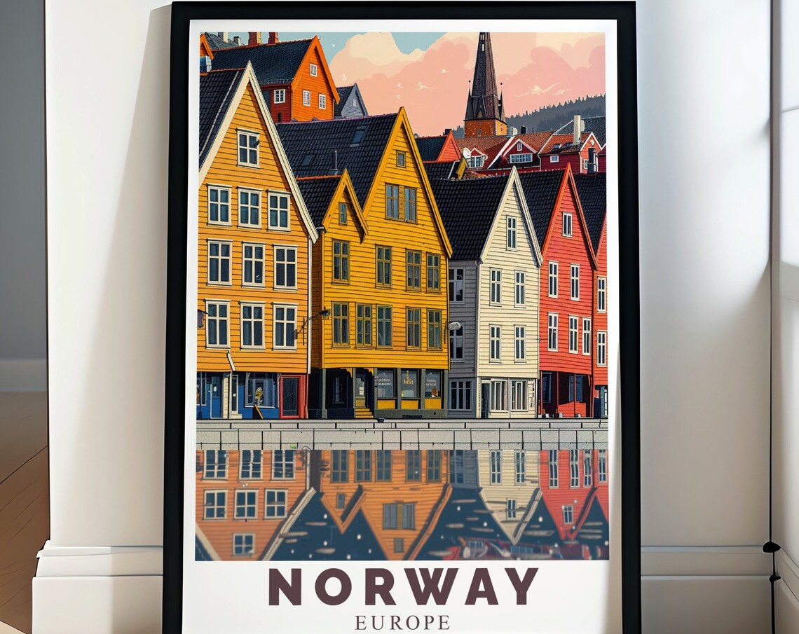 Bryggen Bergen Colorful Wharf Houses Norway Scenic Travel Poster