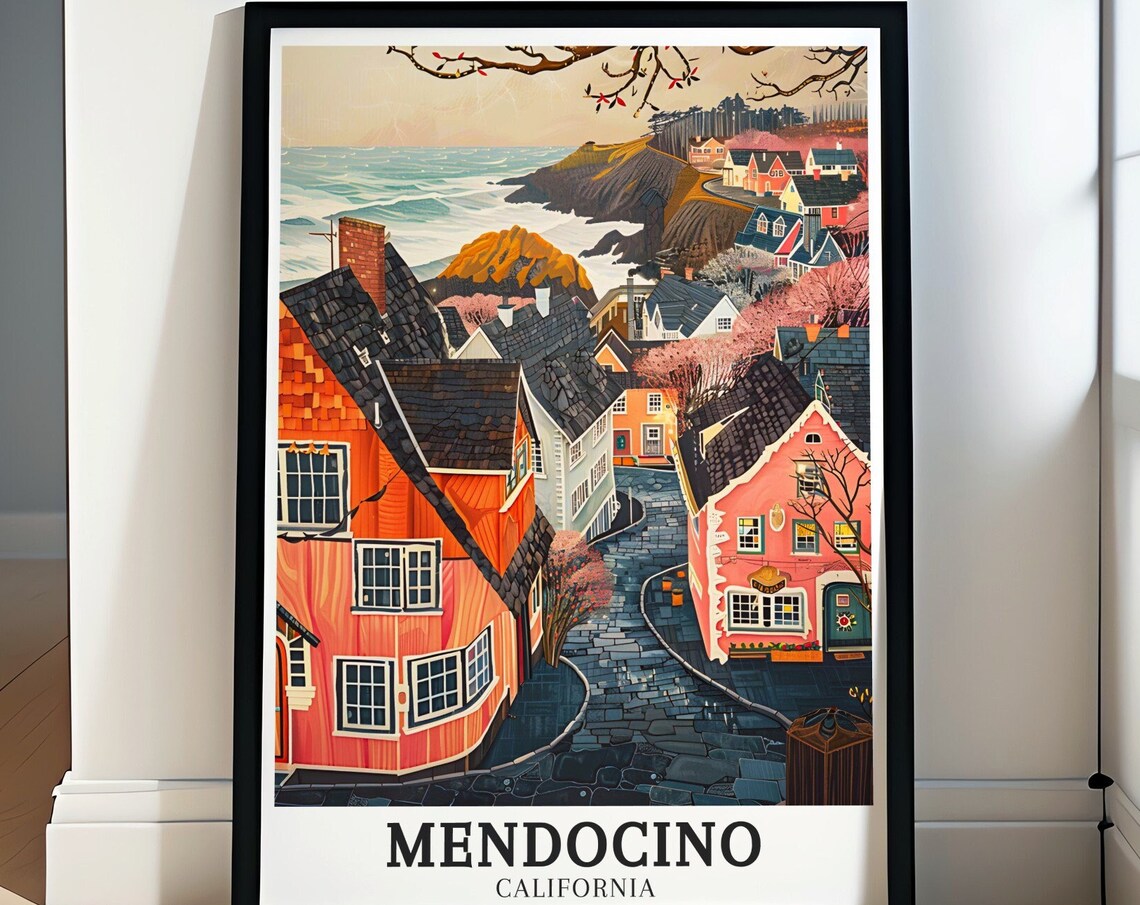 Mendocino Village Street Ocean View California Travel Poster