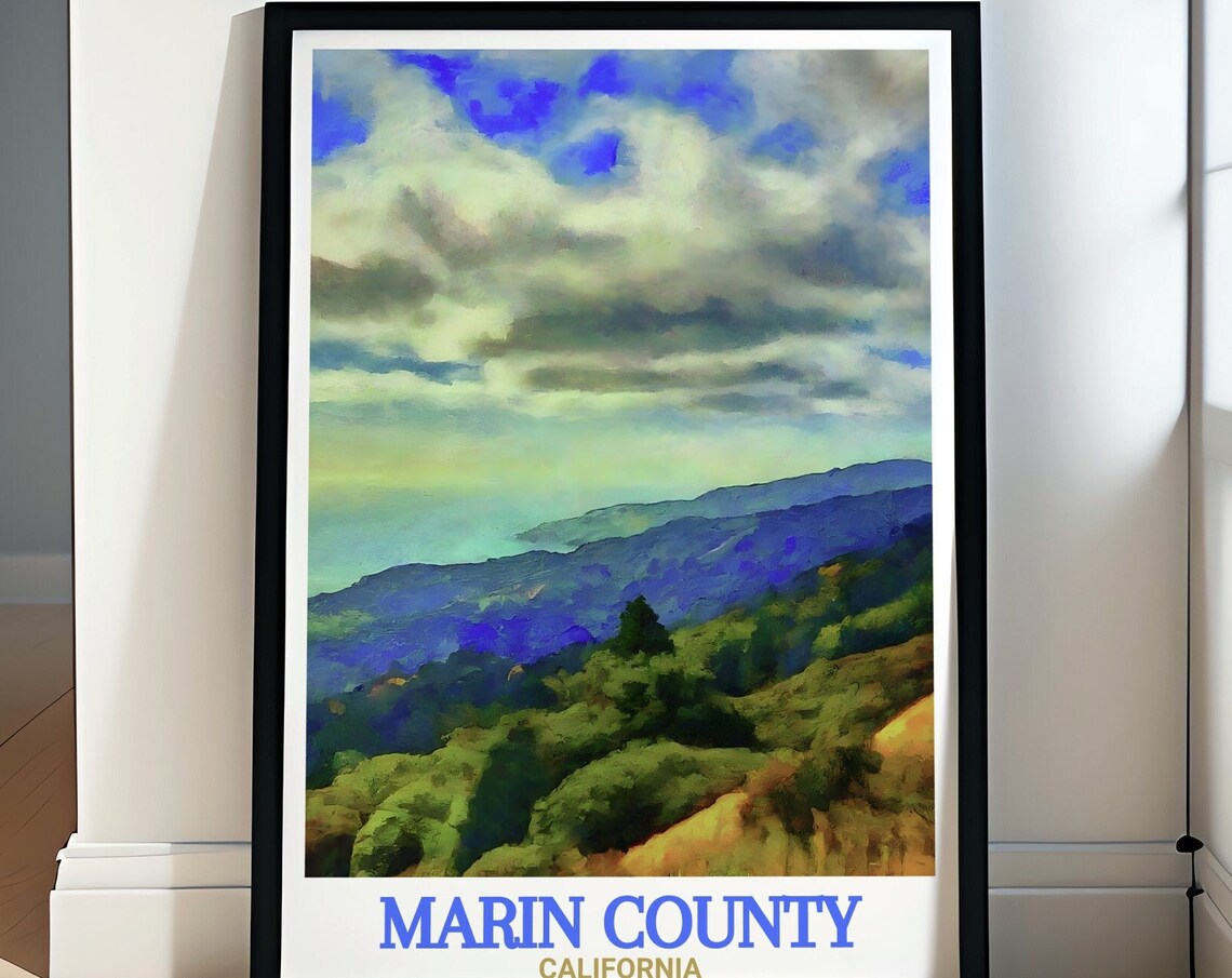 Marin County California Rolling Hills Watercolor Travel Poster