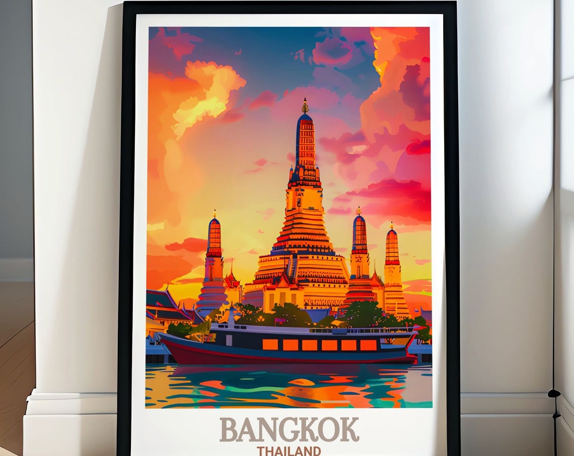 Bangkok Wat Arun Temple At Sunset With River Boat Thailand Poster