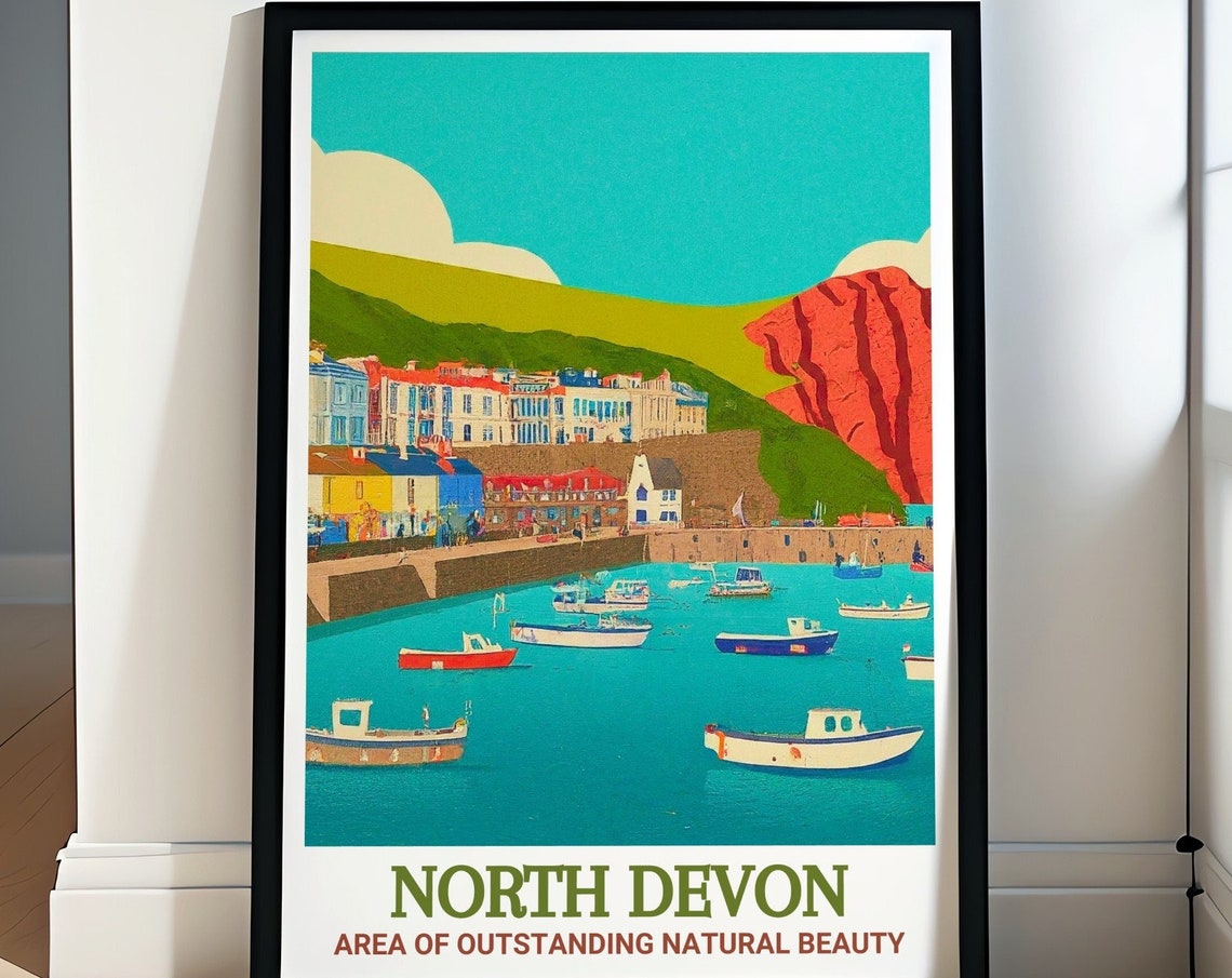 North Devon Ilfracombe Harbour Fishing Boats Red Cliffs Poster