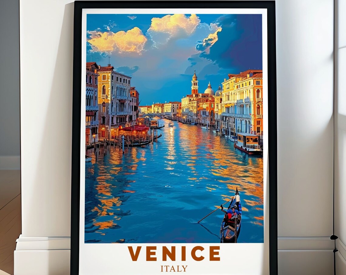 Venice Grand Canal Golden Hour Gondolas Sunset Italy Travel Poster