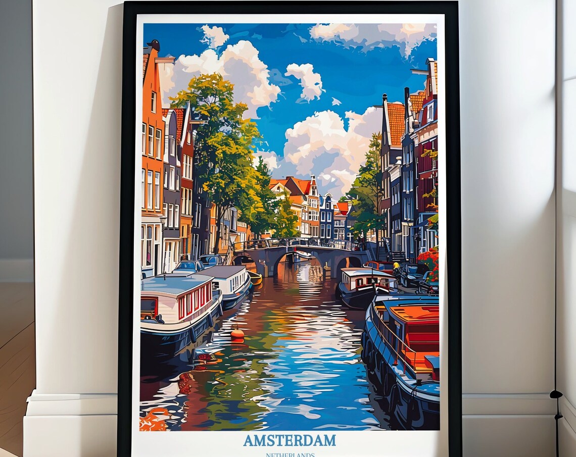 Amsterdam Canal with Houseboats and Bridge Daytime Travel Poster