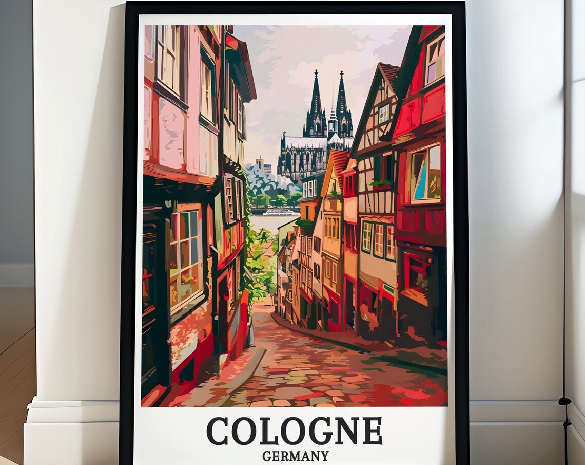 Cologne Germany Old Town Cobblestone Street Cathedral Art Poster