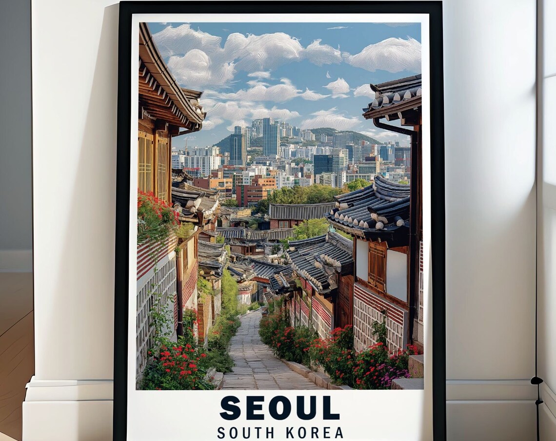 Seoul South Korea Bukchon Hanok Village Flower Lane Travel Poster