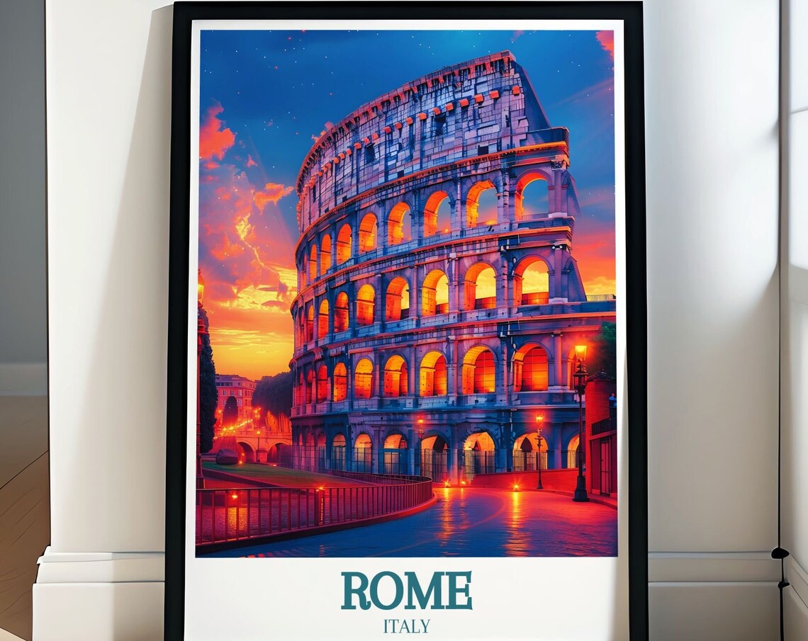 Rome Italy Colosseum at Night Glowing Sunset Travel Scene Poster