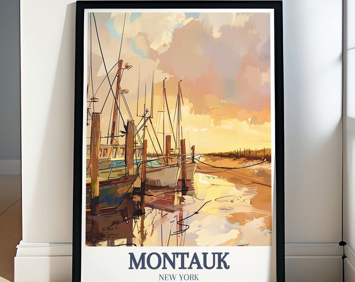 Montauk Harbor Fishing Boats Golden Sunset Travel Art Poster