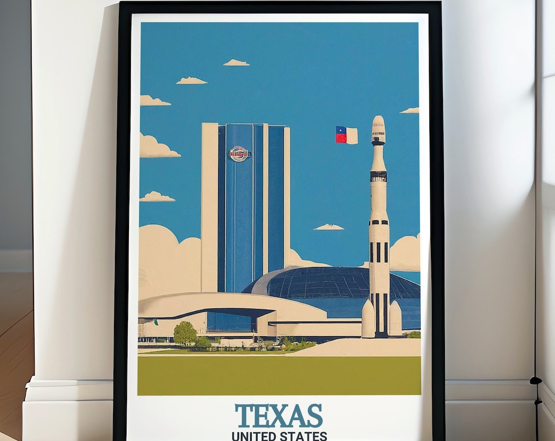 Texas Space Center Houston Rocket Tower Skyline Travel Poster