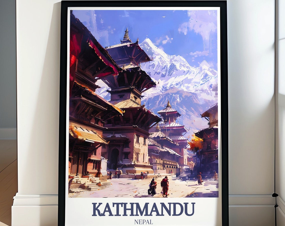Kathmandu Nepal Durbar Square Temples Snowy Peaks Watercolor Poster