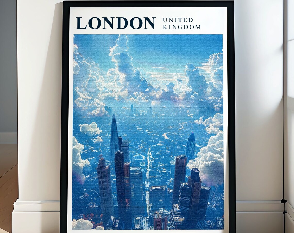London United Kingdom Skyline Above Clouds Shard Aerial Travel Poster