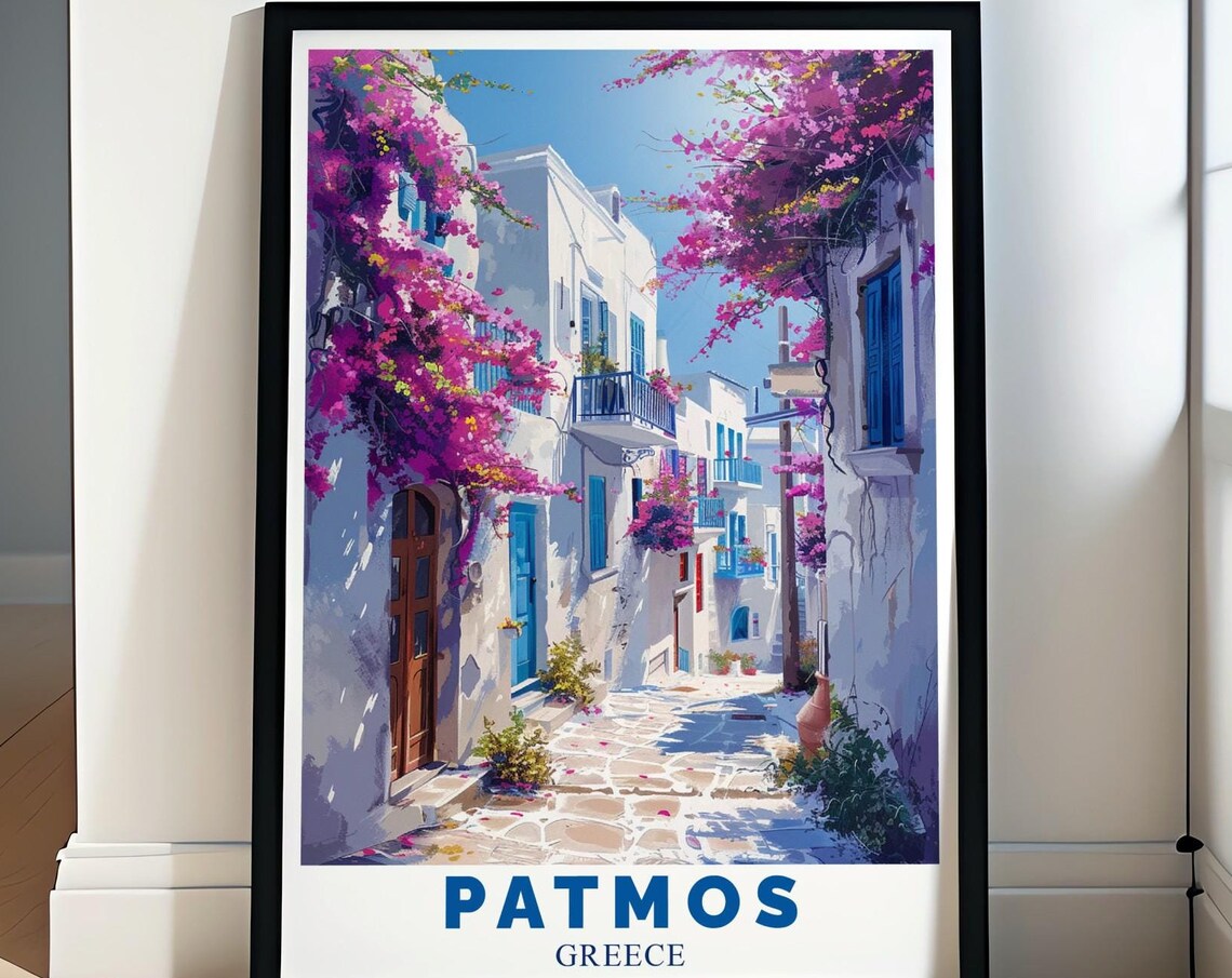 Patmos Greece Chora Alley Pink Bougainvillea Whitewash Wall Poster