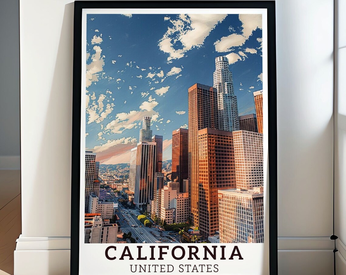 Los Angeles California Downtown Skyline Golden Hour Travel Poster