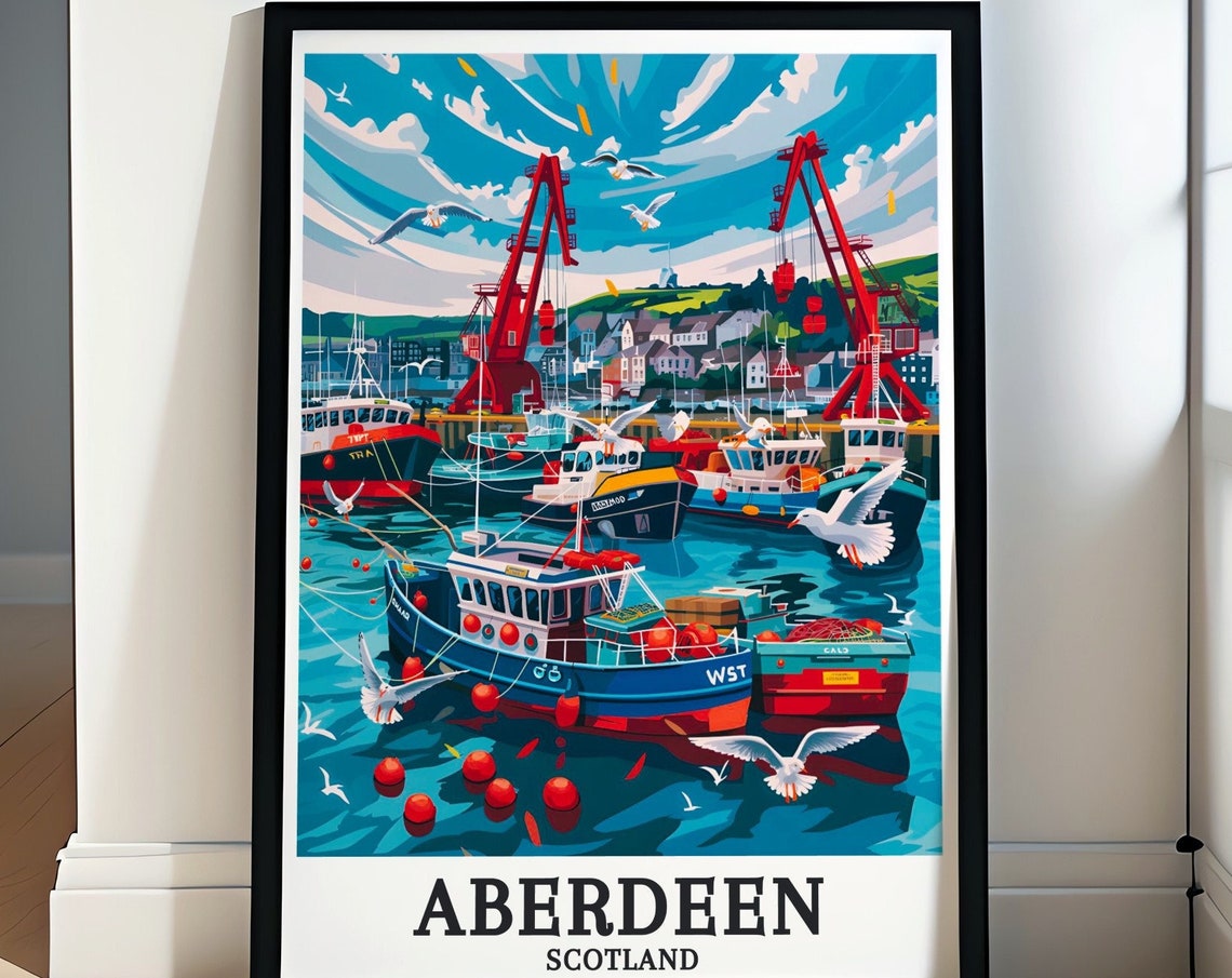 Aberdeen Harbour Colorful Fishing Boats Scotland Maritime Poster