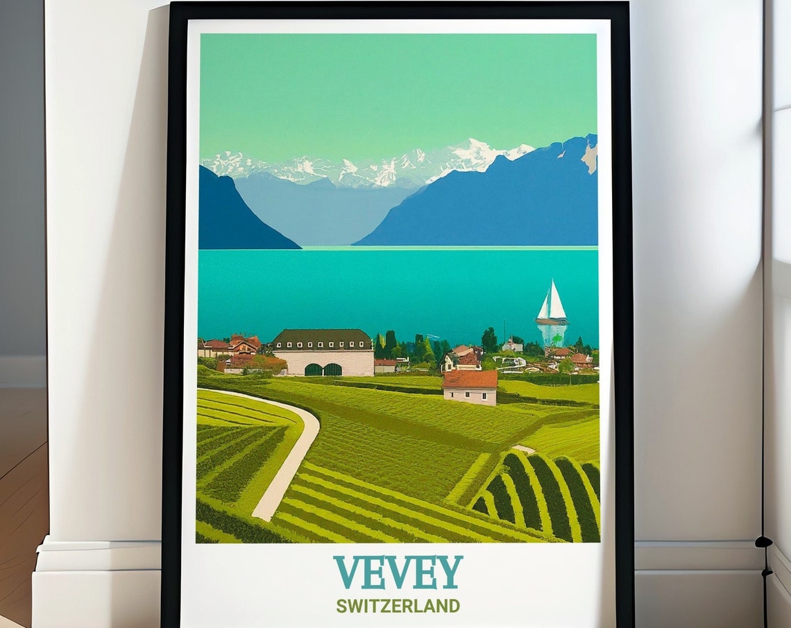 Vevey Vineyard Terraces Above Lake Geneva Alpine View Poster