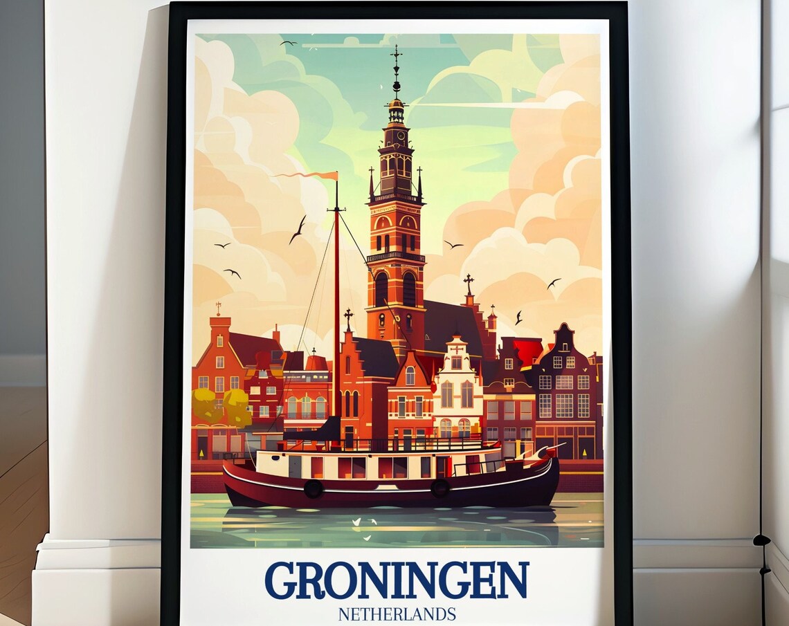 Groningen Canal Boat and Aa Church Gabled Houses Dutch City Poster