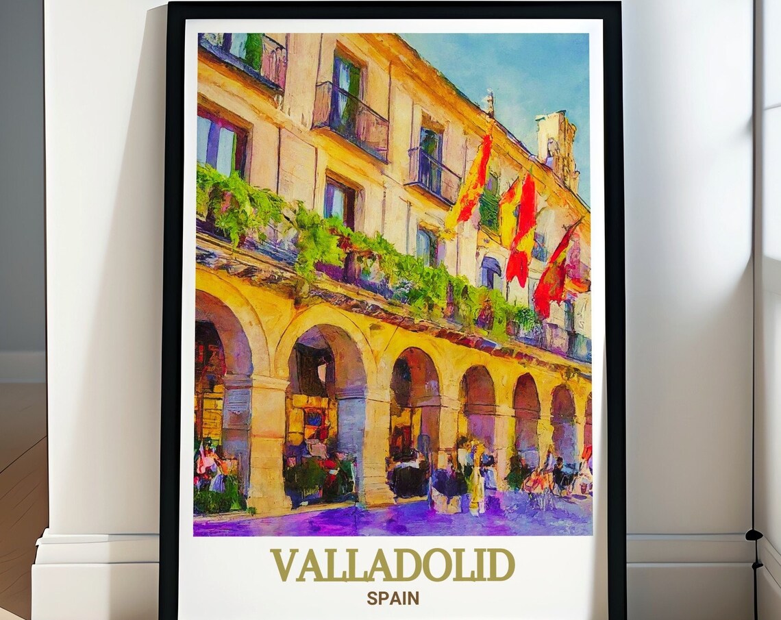 Valladolid Spain Plaza Mayor Arches Spanish Flags Travel Poster