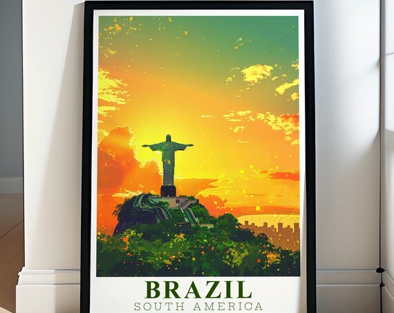 Brazil Christ the Redeemer Poster Rio Sunset Silhouette Skyline Art