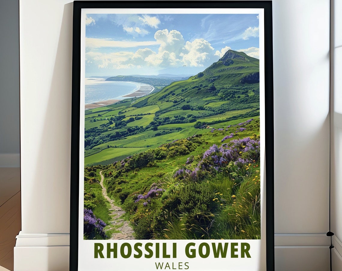 Rhossili Gower Wales Rhossili Down Heather Coast Hike Travel Poster