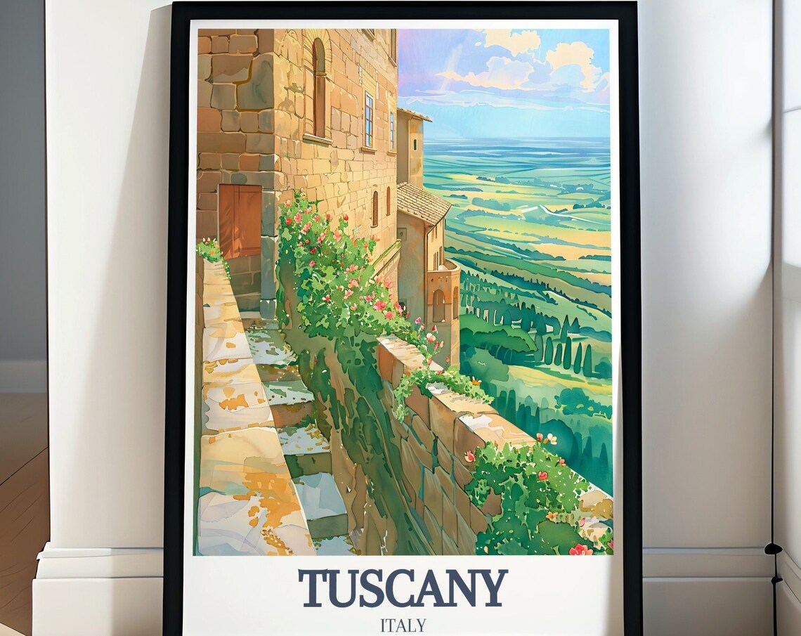 Tuscany Hilltop Terrace Village Watercolor Italy Landscape Poster