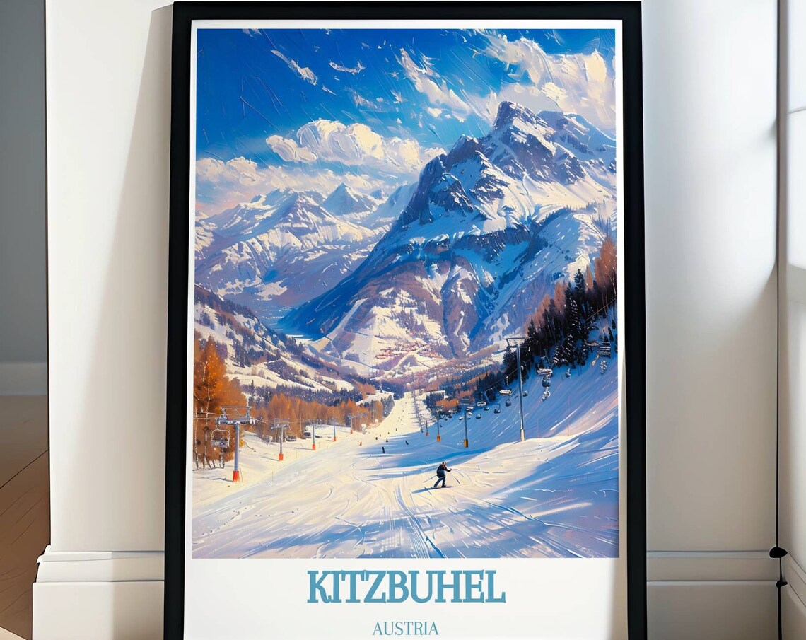 Kitzbuhel Austria Sunny Ski Slope Chairlifts and Skier Poster