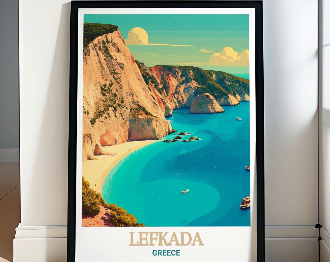 Lefkada Porto Katsiki Beach Cliffs Turquoise Greece Travel Poster
